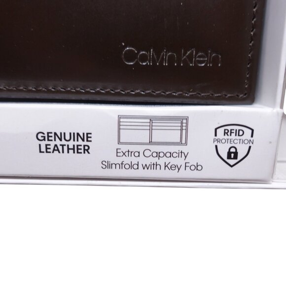 NIP Calvin Klein RFID Slimfold Extra Capacity Wallet With Key Fob Brown Leather - Picture 4 of 6